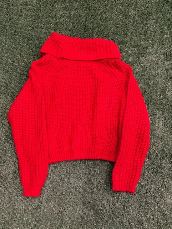 moon & madison Bright Red Off-the-Shoulder Fold-Over Sweater - Picture 2 of 3